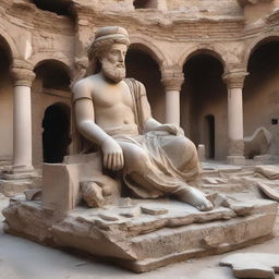 A historical and ancient statue from Iran that is broken into pieces and scattered on the ground