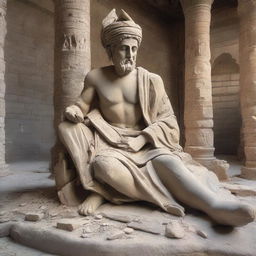 A historical and ancient statue from Iran that is broken into pieces and scattered on the ground