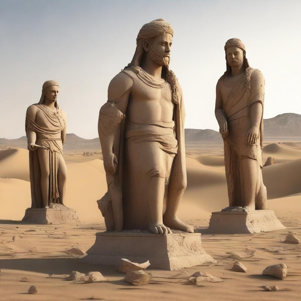 A scene depicting fragmented and shattered ancient statues in a desert landscape, representing the remnants of ancient Persia