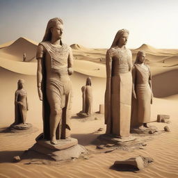 A scene depicting fragmented and shattered ancient statues in a desert landscape, representing the remnants of ancient Persia