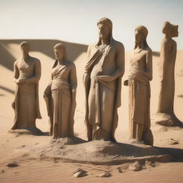 A scene depicting fragmented and shattered ancient statues in a desert landscape, representing the remnants of ancient Persia