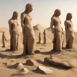 A scene depicting fragmented and shattered ancient statues in a desert landscape, representing the remnants of ancient Persia