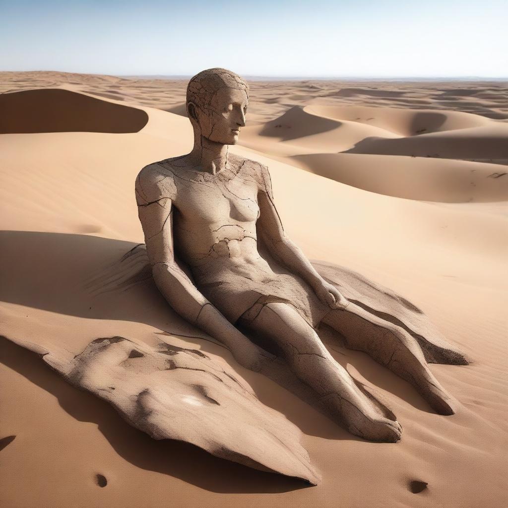 A historical statue that is fragmented and cracked, with its head separated from the body, lying in a desert