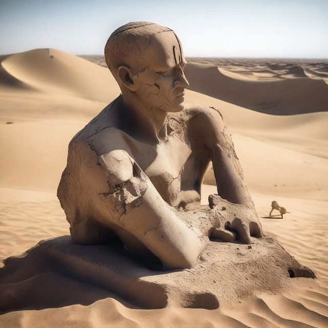 A historical statue that is fragmented and cracked, with its head separated from the body, lying in a desert