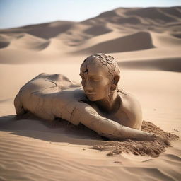 A historical statue that is fragmented and cracked, with its head separated from the body, lying in a desert