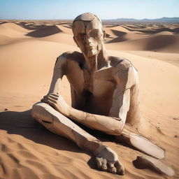 A historical statue that is fragmented and cracked, with its head separated from the body, lying in a desert