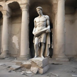 A fragmented and cracked historical statue, showing signs of age and wear