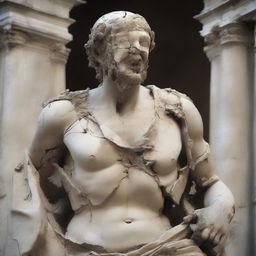 A fragmented and cracked historical statue, showing signs of age and wear