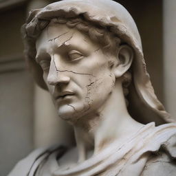 A fragmented and cracked historical statue, showing signs of age and wear