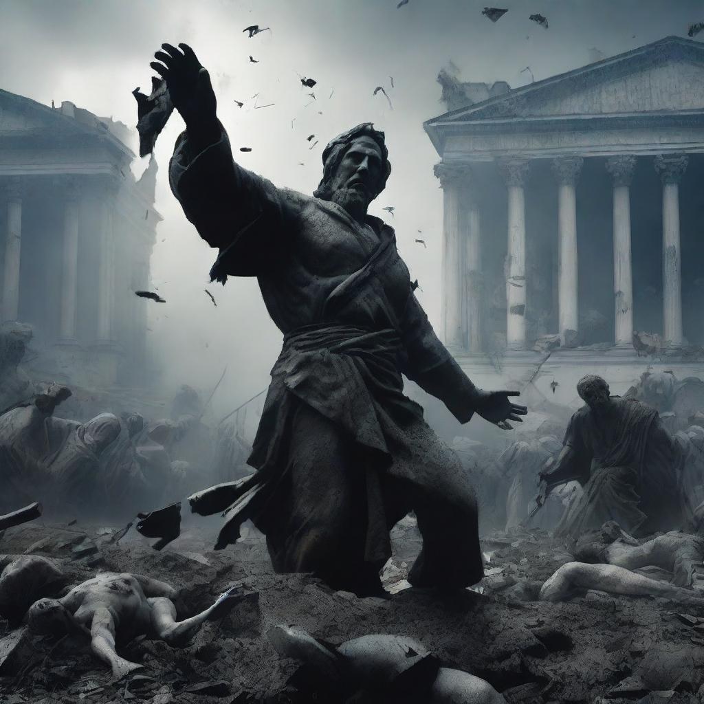 A dramatic movie poster depicting the theme of destroying historical statues and dismembering them