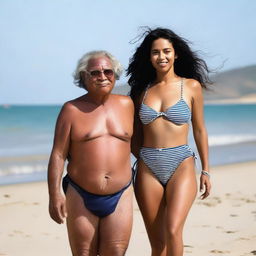 A 30-year-old woman with wavy black hair almost to her shoulders, wearing a bikini with tanned bikini lines, and her measurements are 90cm bust, 70cm waist, and 105cm hips