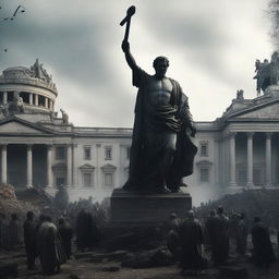 A dramatic movie poster depicting the theme of destroying and dismembering historical statues