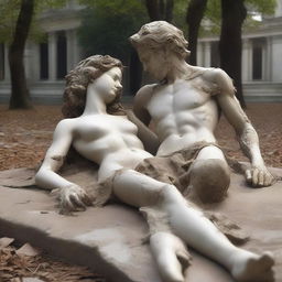 A shattered sculpture of a man and a woman lying on the ground