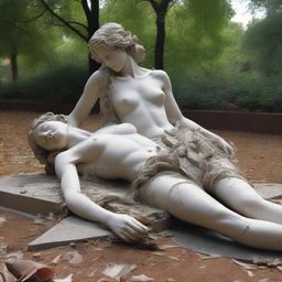 A shattered sculpture of a man and a woman lying on the ground