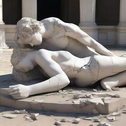 A shattered sculpture of a man and a woman lying on the ground