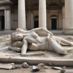 A shattered sculpture of a man and a woman lying on the ground