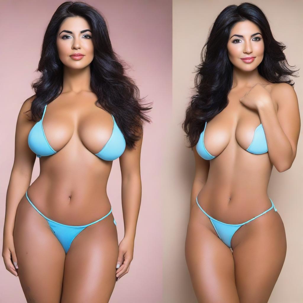 Cintia, a 30-year-old Hispanic Latin woman with tanned skin and visible tan lines from her micro bikini, has short, wavy black hair just above her shoulders, brown eyes, light pink lipstick, and light blue eyeshadow