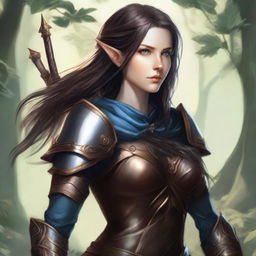 A female elf with copper-blue skin, long chocolate-colored hair, and black eyes