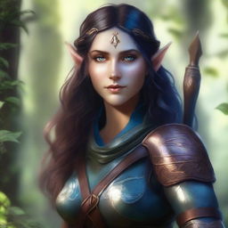 A female elf with copper-blue skin, long chocolate-colored hair, and black eyes