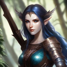 A female elf with copper-blue skin, long chocolate-colored hair, and black eyes