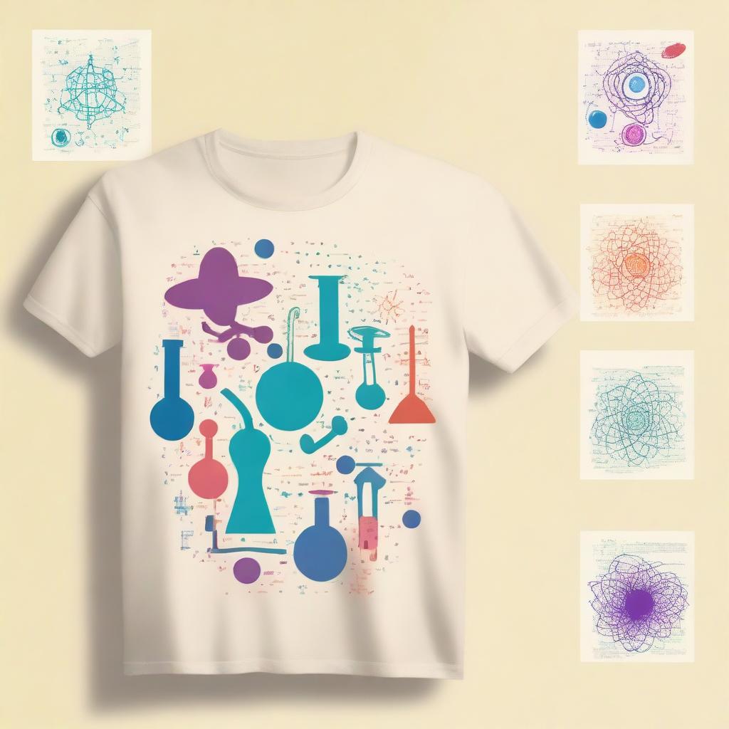 Create a colorful front and back t-shirt design themed around science, applied on a cream-colored t-shirt