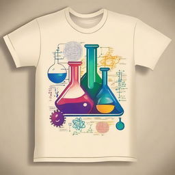 Create a colorful front and back t-shirt design themed around science, applied on a cream-colored t-shirt