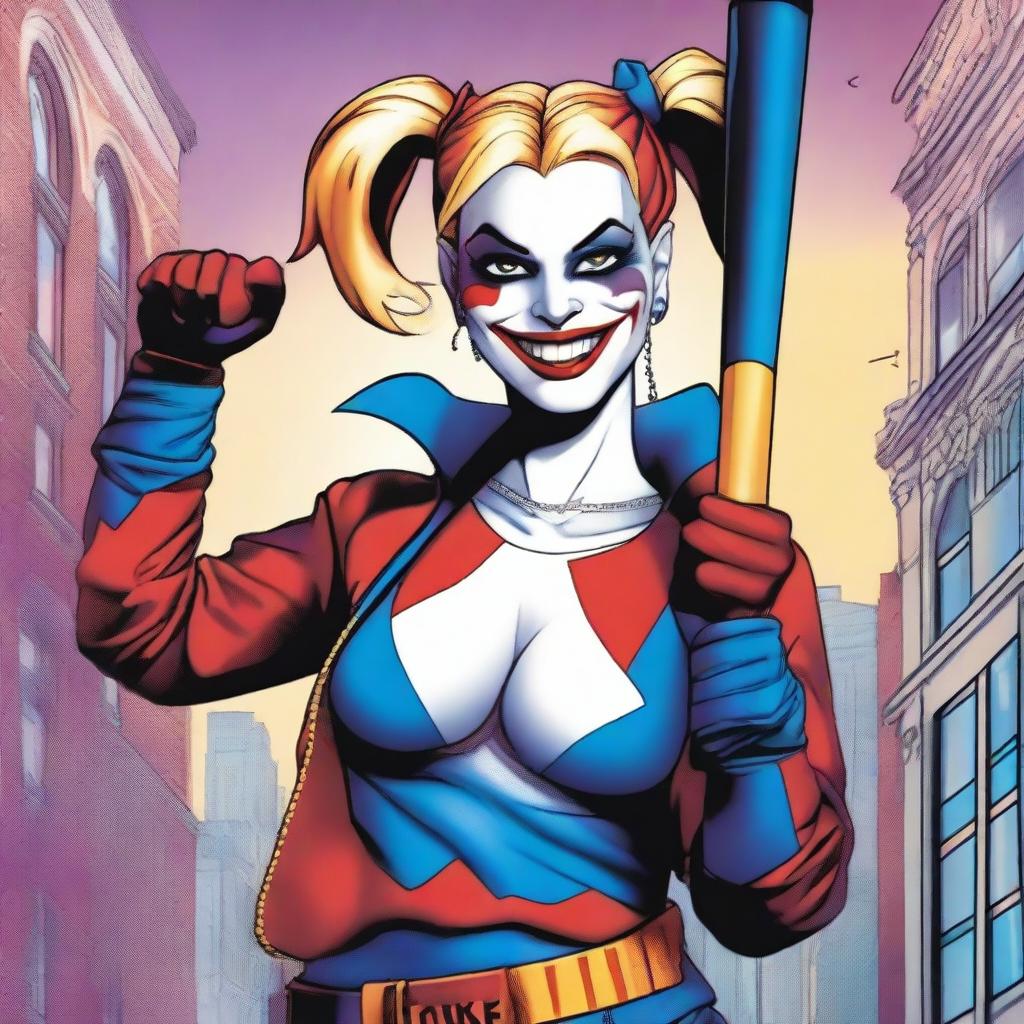 A detailed illustration of Harley Quinn, showcasing her iconic jester costume and playful yet menacing demeanor