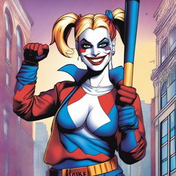 A detailed illustration of Harley Quinn, showcasing her iconic jester costume and playful yet menacing demeanor