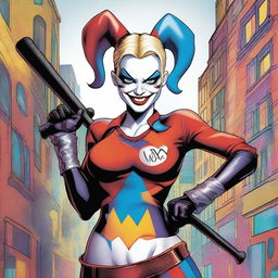 A detailed illustration of Harley Quinn, showcasing her iconic jester costume and playful yet menacing demeanor