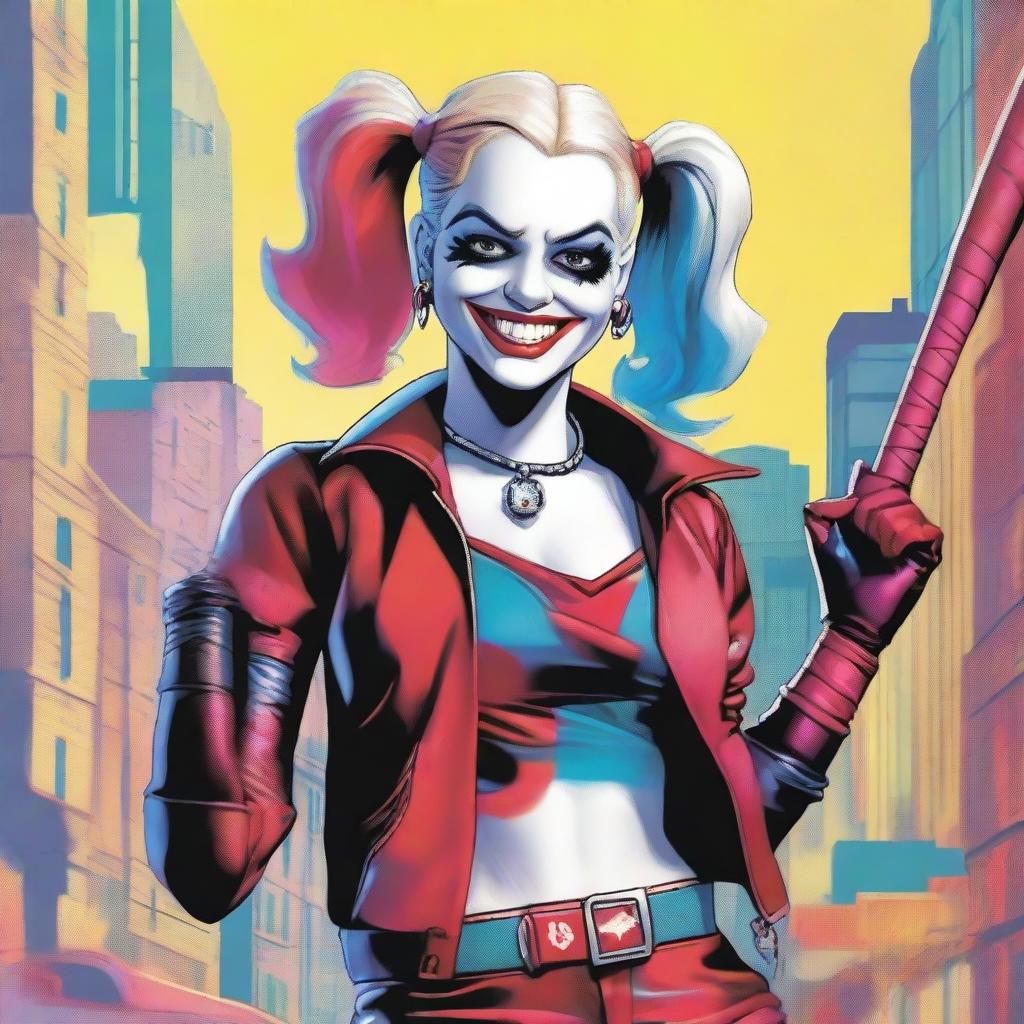 A detailed illustration of Harley Quinn, showcasing her iconic jester costume and playful yet menacing demeanor