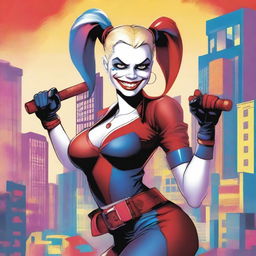 A detailed illustration of Harley Quinn, showcasing her iconic jester costume and playful yet menacing demeanor