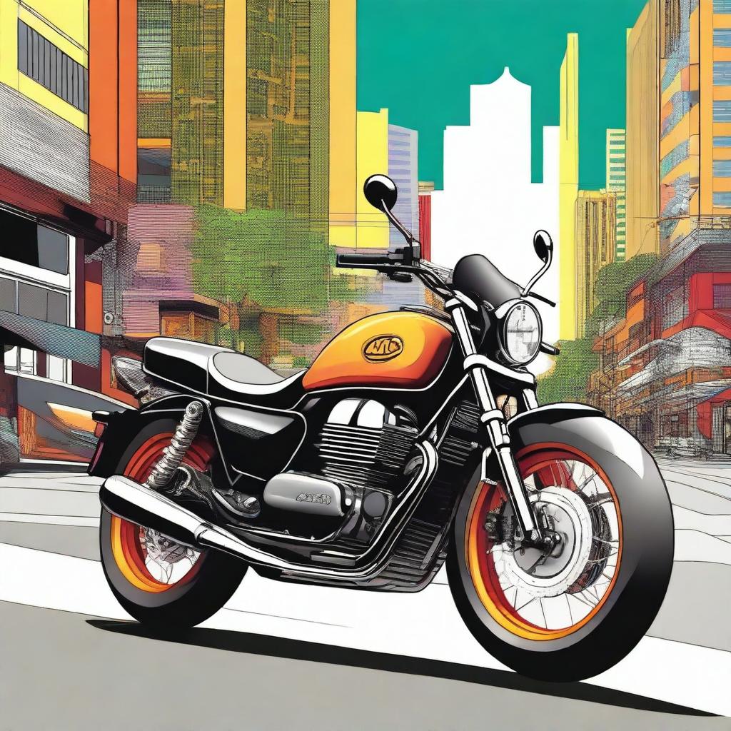 A detailed illustration of a 'sepeda motor bebek' (underbone motorcycle) in a vibrant and dynamic setting