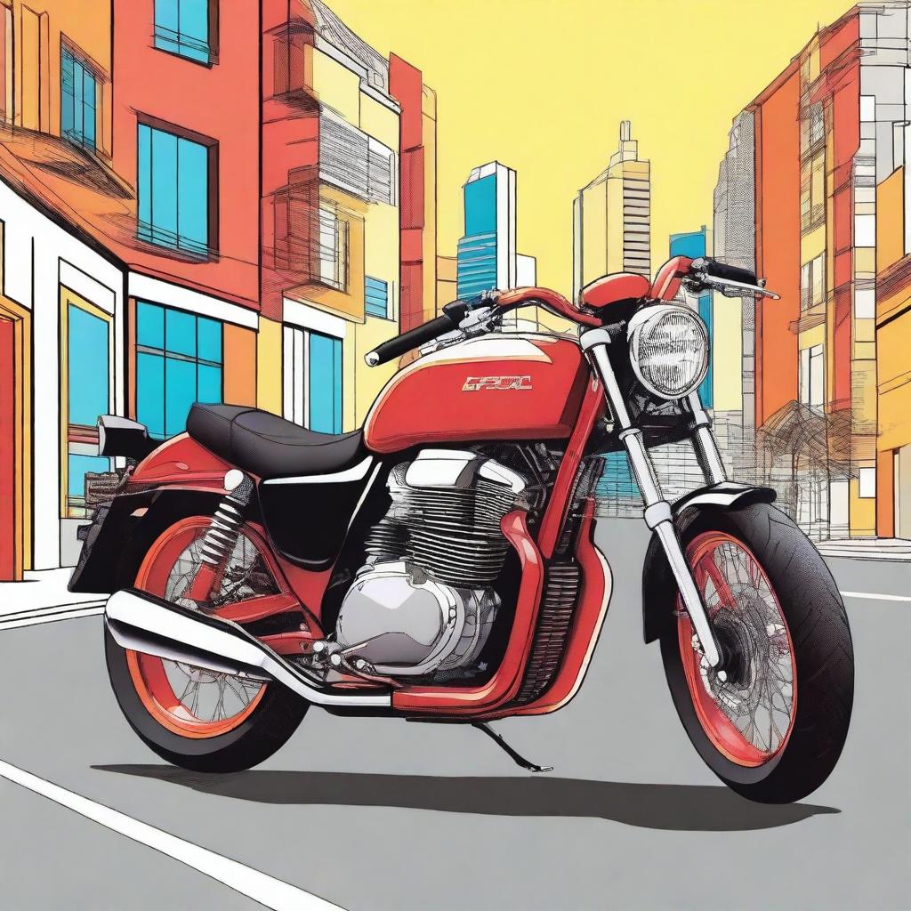 A detailed illustration of a 'sepeda motor bebek' (underbone motorcycle) in a vibrant and dynamic setting