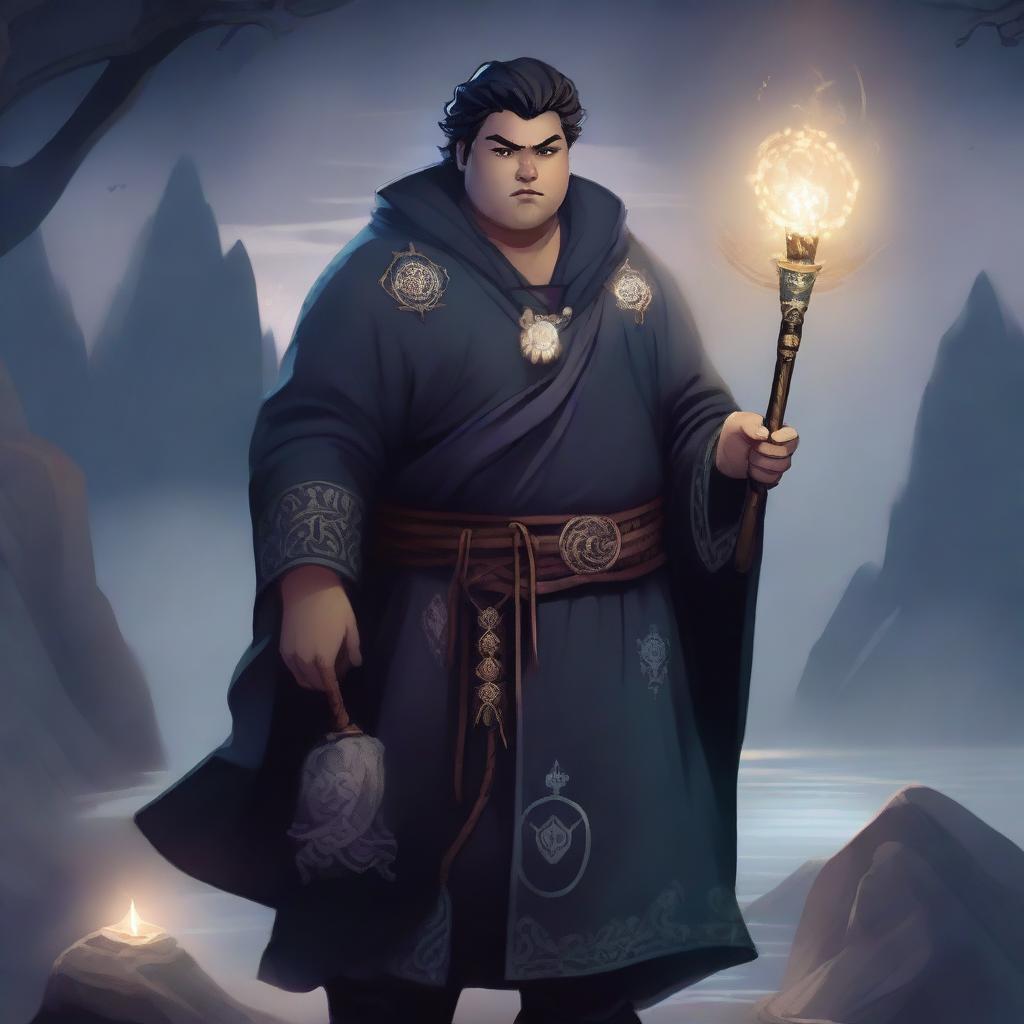 A detailed fantasy illustration of a young, chubby male Shadar-kai warlock