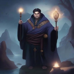 A detailed fantasy illustration of a young, chubby male Shadar-kai warlock