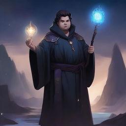 A detailed fantasy illustration of a young, chubby male Shadar-kai warlock