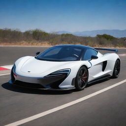 An ultra-modern sports car combining the racing aesthetics of a McLaren with Tesla's sleek, eco-friendly engineering and design.