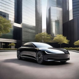 A sleek, modern electric luxury sedan with a futuristic design