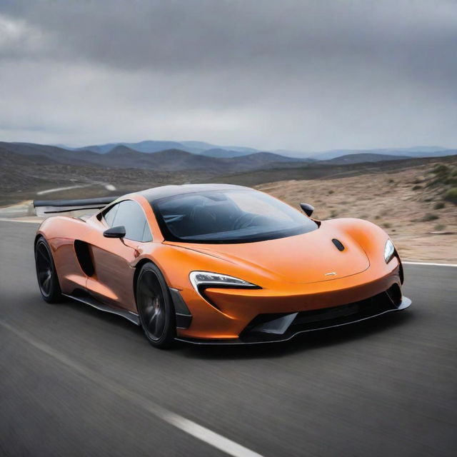 An ultra-modern sports car combining the racing aesthetics of a McLaren with Tesla's sleek, eco-friendly engineering and design.