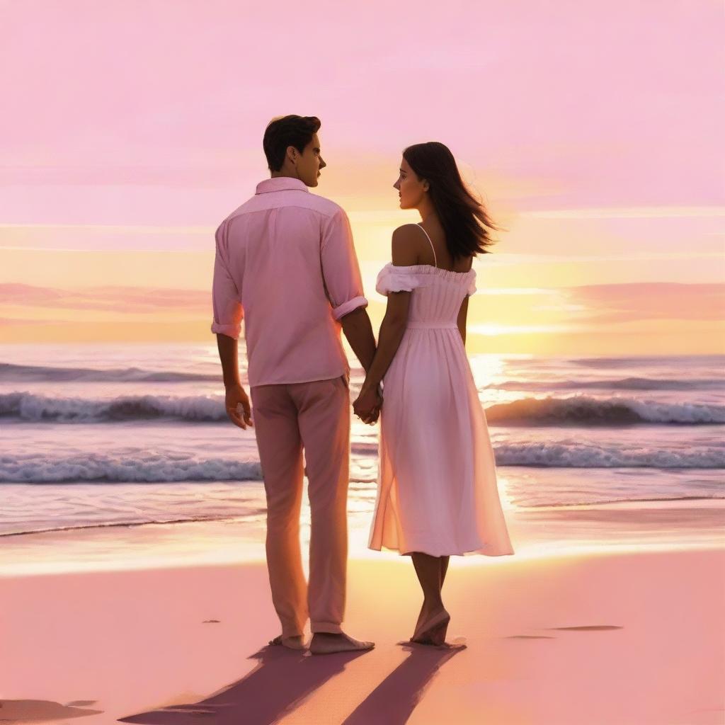 A romantic movie poster featuring a couple standing on a picturesque beach at sunset, holding hands and gazing into each other's eyes