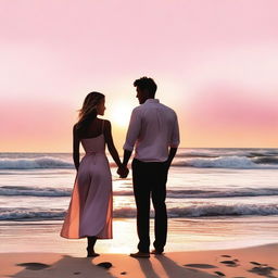 A romantic movie poster featuring a couple standing on a picturesque beach at sunset, holding hands and gazing into each other's eyes