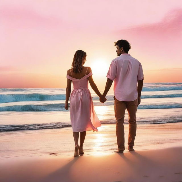 A romantic movie poster featuring a couple standing on a picturesque beach at sunset, holding hands and gazing into each other's eyes