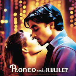 A romantic movie poster with a vibrant atmosphere, featuring a man and a woman kissing passionately