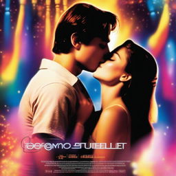 A romantic movie poster with a vibrant atmosphere, featuring a man and a woman kissing passionately