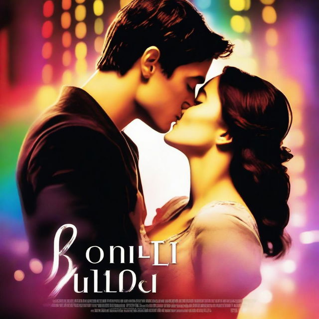 A romantic movie poster with a vibrant atmosphere, featuring a man and a woman kissing passionately