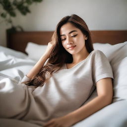 A woman laying on a bed in a relaxed and comfortable pose