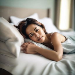 A woman laying on a bed in a relaxed and comfortable pose