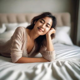 A woman laying on a bed in a relaxed and comfortable pose