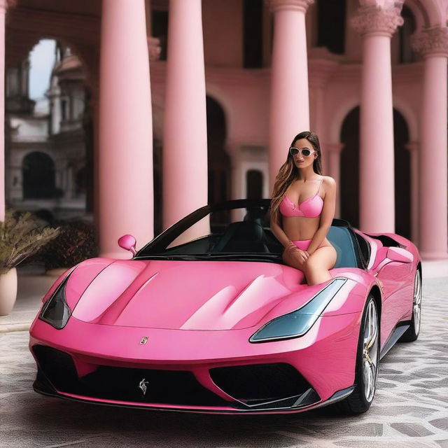 A beautiful woman wearing a stylish pink bikini is sitting on a luxurious pink Ferrari