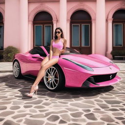 A beautiful woman wearing a stylish pink bikini is sitting on a luxurious pink Ferrari